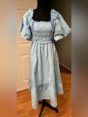 English Factory Blue Smocked Ruffle Midi Dress Puff Sleeve XS
